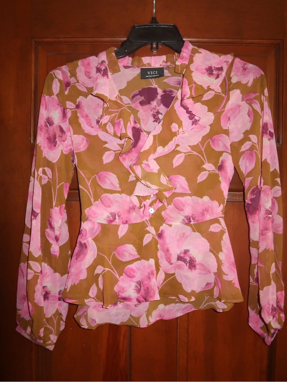 VICI Pink Floral Ruffle Blouse - Pink on Tan